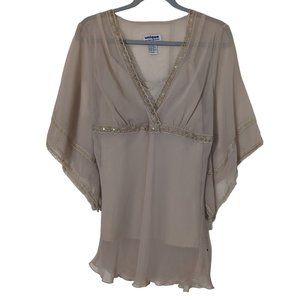 Women's NWT Unique Spectrum v-neck tie back blouse, tan, size M